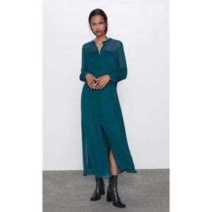 Zara Long Sleeve Button Front Pleated Shirt Midi Dress Duck Green